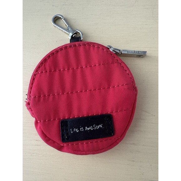 Desigual Red Quilted Coin Purse Key Holder Earbuds Clip to Bag Life is Awesome - Picture 1 of 8